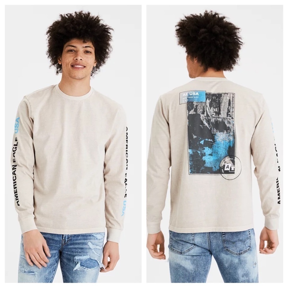 AMERICAN EAGLE Streetwear New York Vintage Wash Long-Sleeve Graphic Shirt Size S
